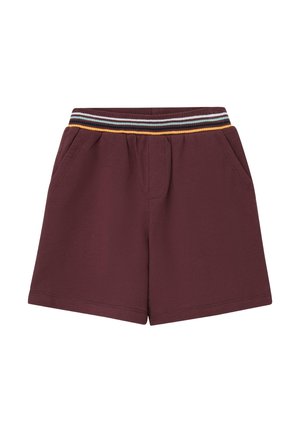 Bordeauxkleurige korte broek met elastische taille en een gestreepte geribbelde tailleband in blauw, wit en geel, voorzien van zijzakken en voorste naaddetails.