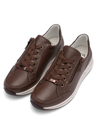 Brown leather sneakers featuring a lace-up design, zip detail on the side, and a white rubber sole with subtle stitching accents.
