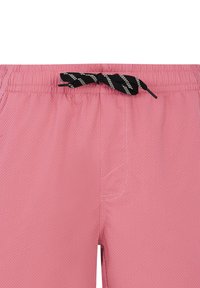 Růžové texturované šortky s elastickým pasem a černým stahovacím šňůrou, obsahující boční kapsu pro větší funkčnost.