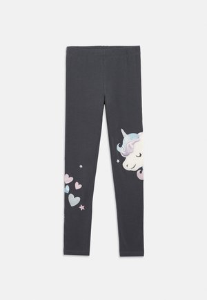 Leggings grigio scuro con un design di unicorno in colori pastello con cuori e stelle. Realizzati in tessuto morbido con una vita elastica.