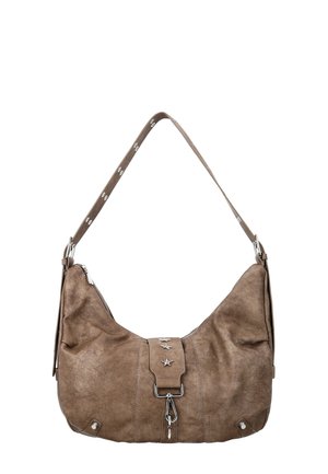 Brown leather shoulder bag with star studs, silver clasp, adjustable strap, and textured surface on a white background.