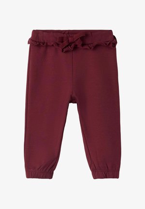 Bordeaux leggings met een elastische tailleband, geraffineerde rand aan de bovenkant en gathered boorden bij de enkels, gemaakt van een zachte, rekbare stof.