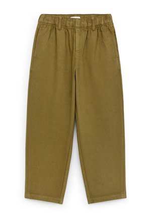 Oliven grønne bukser med lige ben, elastisk talje, bæltestropper, sidelommer og falsk lynlås foran.