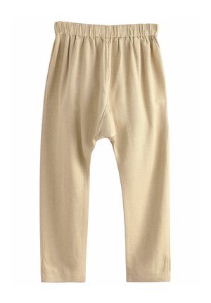 Pantalons en coton beige avec une taille élastique, coupe droite et texture lisse. Présente un design simple sans motifs ni accents visibles.