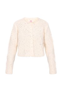 Crème-kleurige gebreide cardigan met een cropped fit, decoratieve stikpatronen, ronde hals en knoopsluitingen aan de voorkant en mouwen.