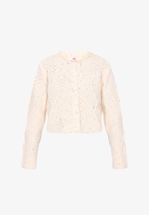 Kremowy sweter z dzianiny o kroju cropped, z ozdobnymi wzorami ściegowymi, okrągłym dekoltem oraz z zapięciem na guziki wzdłuż przodu i rękawów.