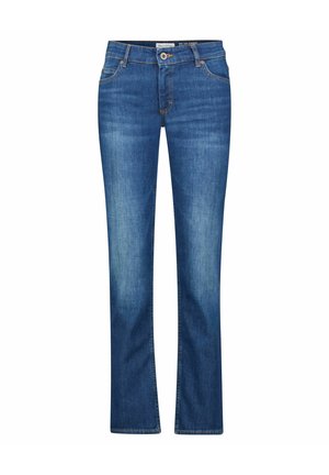 Jean en denim bleu moyen avec coupe droite, fermeture bouton et zip, poches avant et arrière, et détails délavés subtils.