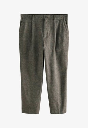 Grå mönstrade byxor med rak passform, featuring en knäppning och subtil textur. Inkluderar sidofickor och veck.