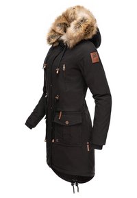 Black parka jacket with faux fur hood trim, adjustable drawstring waist, front pockets, copper-tone hardware, and ribbed cuffs.