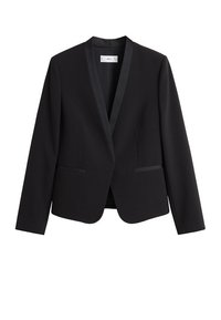 Blazer nero con maniche lunghe, colletto a scialle in satin, due tasche frontali e design strutturato. Tessuto liscio con finitura opaca.