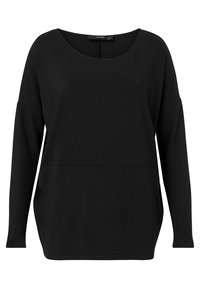 Svart långärmad topp med vid rund halsringning, nedhasade axlar och avslappnad passform med två framfickor. Slät tygtextur.