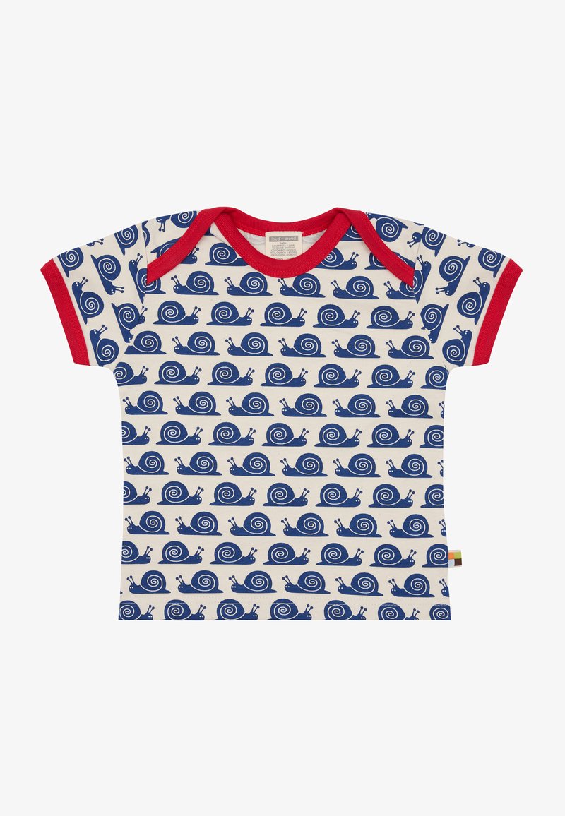 Katoenen t-shirt met rode bies, voorzien van een herhaaldelijk blauw slakkendesign op een crème achtergrond, korte mouwen en een label aan de zijkant.