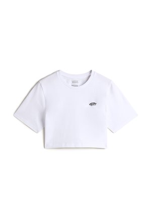 Camiseta blanca corta de algodón, con mangas cortas y un pequeño logo negro de Vans en el lado izquierdo del pecho. Textura suave.