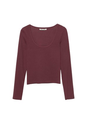 Burgundy long-sleeve top with a rounded neckline and a cropped design. Made of soft, textured fabric with minimal stitching details.