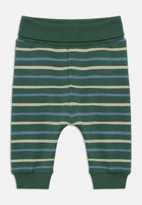 Green baby pants with horizontal beige and blue stripes, ribbed elastic waistband, and ribbed cuffs on legs.