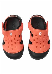 Orange rubber clogs with black soles. Features perforated tops for ventilation, an open design, and a low heel for easy wear.