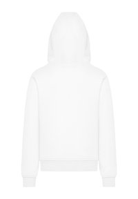 Weißer Kapuzenpullover mit glatter Textur und gerippten Bündchen. Hat ein einfaches Design und eine verkürzte Länge mit einem sauberen, minimalistischen Look.