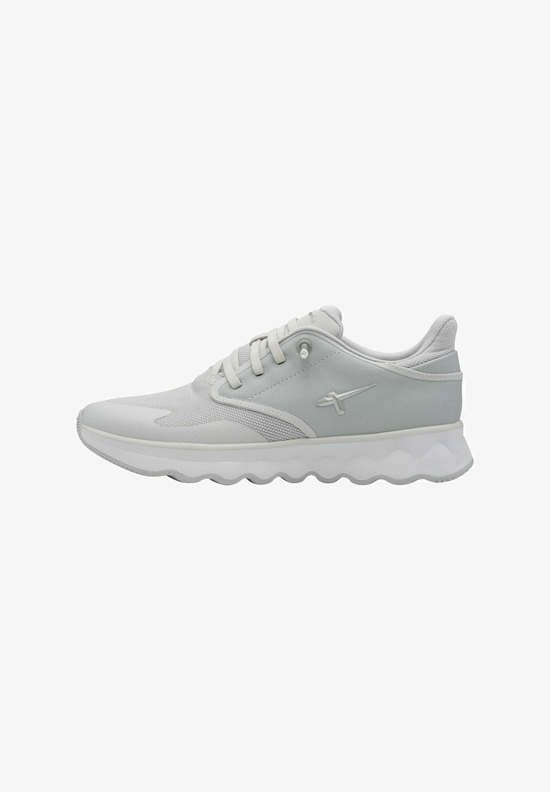 Light grey athletic shoes made of mesh and synthetic materials, featuring a textured toe box, flat laces, and a wavy sole design.