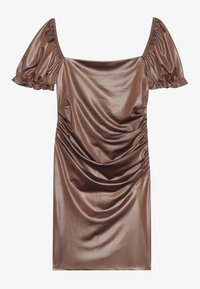 Braunes Satin-Minikleid mit gepufften kurzen Ärmeln, quadratischem Ausschnitt und seitlicher Raffung. Glatte Textur und figurbetonter Schnitt.