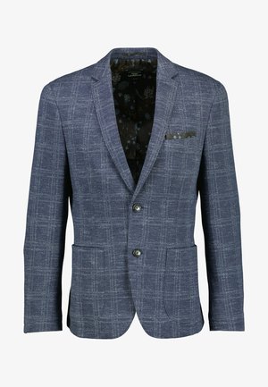 Blauer karierten Blazer aus strukturiertem Stoff mit zwei Knöpfen, zwei Fronttaschen und einem blumendekorierten Futter.