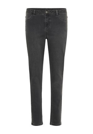 Slim-fit black denim jeans with a faded finish, five pockets, and a metal button closure. Straight leg design and clean hem.