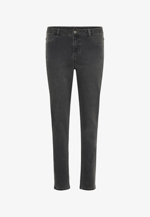 Schwarze Slim-Fit-Jeans aus Denim mit verwaschenem Finish, fünf Taschen und einem Metallknopfverschluss. Gerades Bein und sauberer Saum.