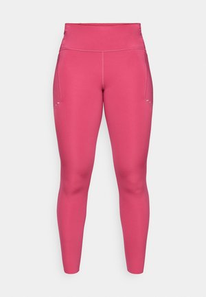 Pink high-waisted leggings made from stretchy fabric. Features two side pockets and small reflective accents on the leg. Smooth texture.