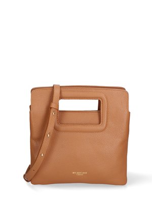 Taske af tekstureret tanlæder med rektangulært udskåret håndtag og justerbar skulderrem, "MY BEST BAG FIRENZE" præget i guld.