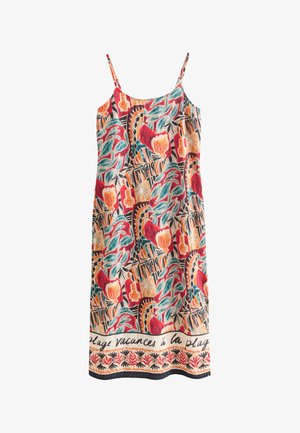 Robe d'été sans manches avec des motifs floraux et feuilles abstraits rouges, bleu sarcelle et orange, et un texte en français le long de l'ourlet inférieur.