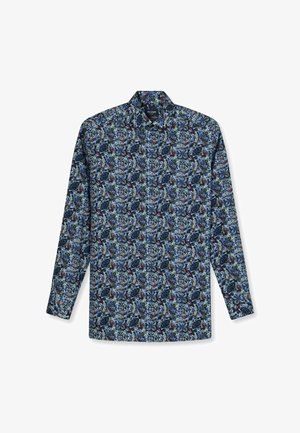 Langärmliges Hemd aus leichtem Stoff, mit einem blauen Blumenmuster auf dunklem Hintergrund, ausgestattet mit einem Kentkragen und einer Knopfleiste.