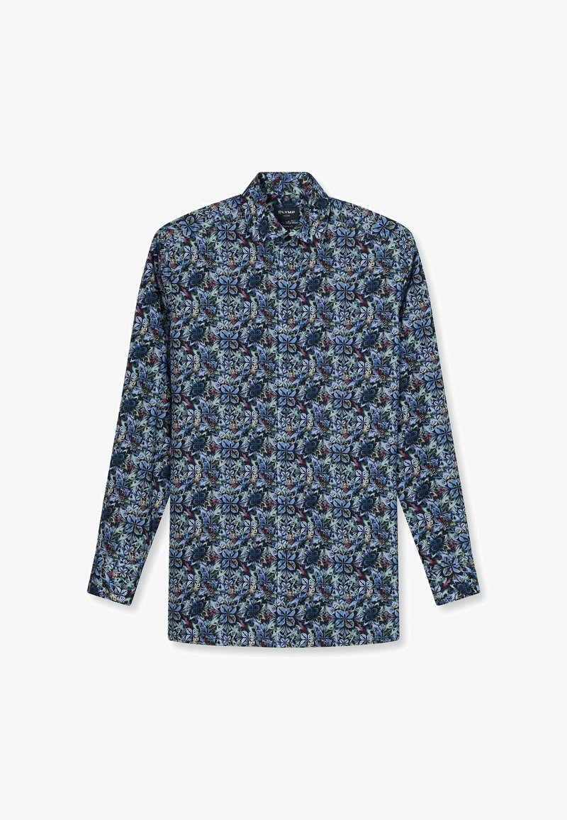 Long-sleeve shirt made of lightweight fabric, featuring a blue floral pattern on a dark background with a spread collar and buttoned placket.