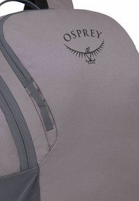 Grauer Rucksack mit glatter Textur, Osprey-Logo und mehreren Reißverschlussfächern. Die Farbe ist einheitlich mit einem dezenten Muster.