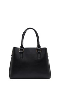 Borsa a tracolla nera in pelle con due manici superiori, forma strutturata, dettagli in metallo dorato e finitura liscia e morbida.