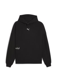 Sort hoodie i bomuldsblanding, med en kængurulomme, justerbar hætte og hvidt trykt logo på brystet og siden. Behagelig pasform.