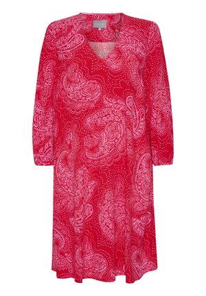 Abito rosso con maniche lunghe, scollatura a V e motivo paisley bianco. Tessuto morbido con vestibilità comoda e design a lunghezza intermedia.