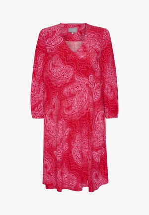 Red dress with long sleeves, V-neckline, and paisley pattern in white. Smooth fabric with a relaxed fit and mid-length design.