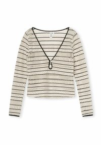 Langärmliges Oberteil in Creme mit schwarzen horizontalen Streifen. Ausgestattet mit einem tiefen V-Ausschnitt und einem cropped Design. Hergestellt aus strukturiertem Stoff mit einem geschichteten Muster.