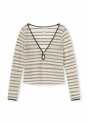 Langärmliges Oberteil in Creme mit schwarzen horizontalen Streifen. Ausgestattet mit einem tiefen V-Ausschnitt und einem cropped Design. Hergestellt aus strukturiertem Stoff mit einem geschichteten Muster.