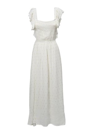 Abito lungo bianco con maniche arricciate, caratterizzato da un motivo testurizzato con piccoli accenti dorati. Vita elastica con gonna fluente.