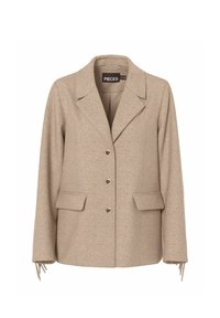 Bež villasegu jope, millel on nikerdatud krae, ühesuunaline disain, kaks esi-taskut ja nööbiga sulgemine. Omab reguleeritavaid varrukate sidemeid.