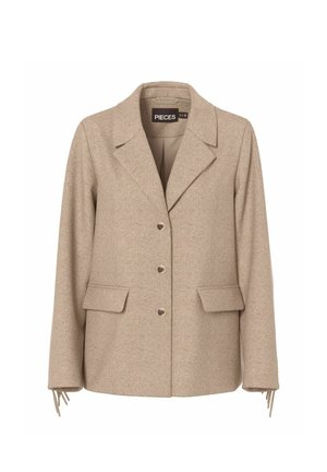Beige ullblandad jacka med klyvd krage, enkelframsdesign, två framfickor och knappstängning. Har justerbara ärmtamp.