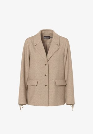 Giacca in misto lana beige con colletto a punte, design monopetto, due tasche frontali e chiusura con bottoni. Presenta legami regolabili alle maniche.