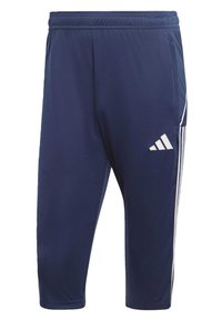 Navy atletiska byxor, gjorda av ett smidigt tyg, med dragsko i midjan, trekvartslängd och vita vertikala ränder samt logotypsaccenter.