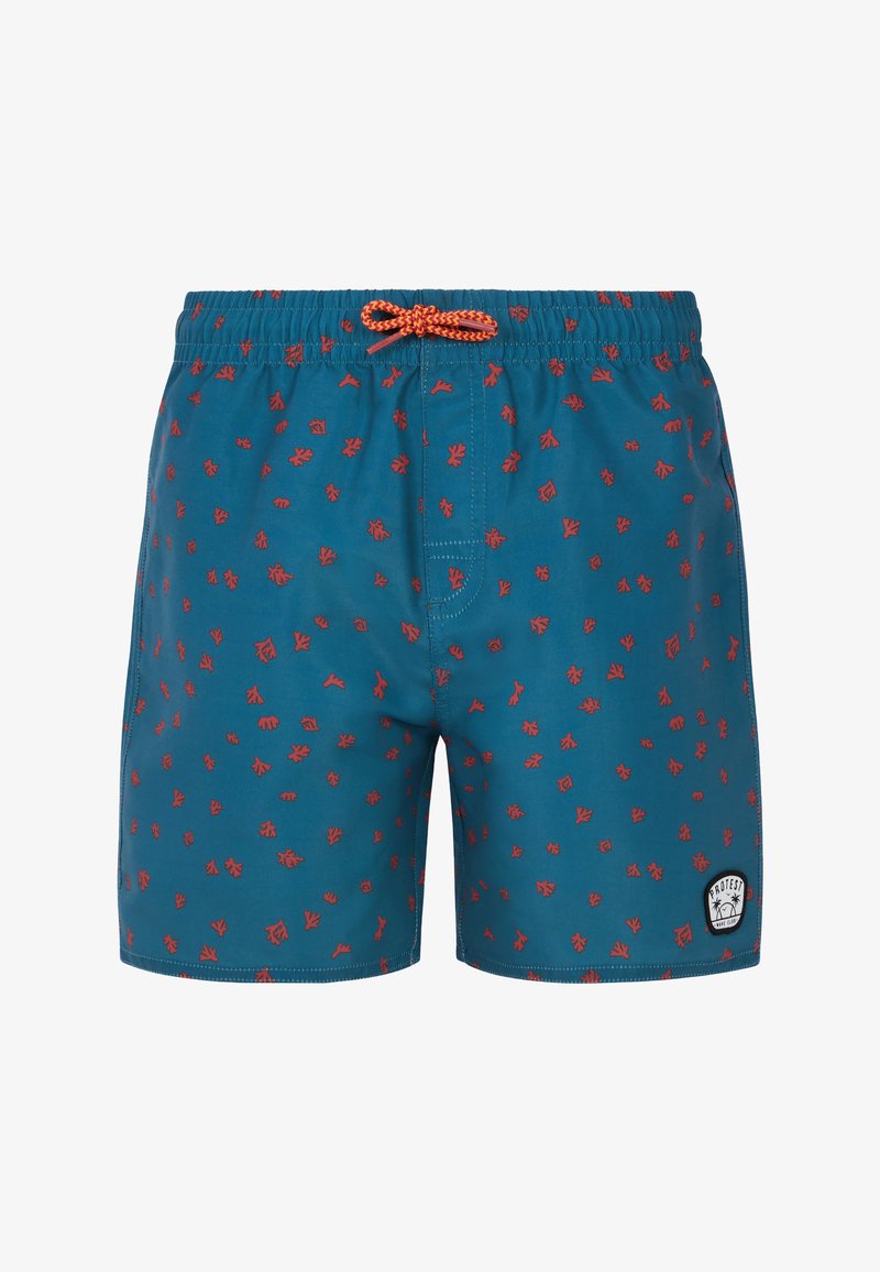 Modré plavky s predpísom malých červených lístkov, elastický pás s oranžovým sťahovacím šnúrkou a logo nášivka v pravom dolnom rohu.