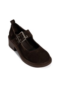 Braune Wildleder-Mary-Jane-Schuhe mit niedrigem Blockabsatz, ausgestattet mit einem verstellbaren Riemen mit silbernem Beschlag und runden Ösen.