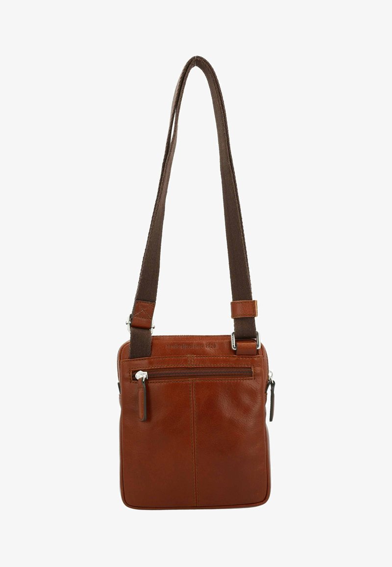 Braune Leder-Schultertasche mit texturiertem Oberfläche, verstellbarem Trageriemen und einem frontalen Reißverschlussfach. Mit silbernem Beschlag und rechteckiger Form.