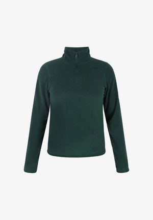 Sötétzöld polárpulóver magas gallérral, negyedcipzáros nyitással, hosszú ujjakkal és sima felszínnel. Minták vagy díszítések nincsenek rajta.