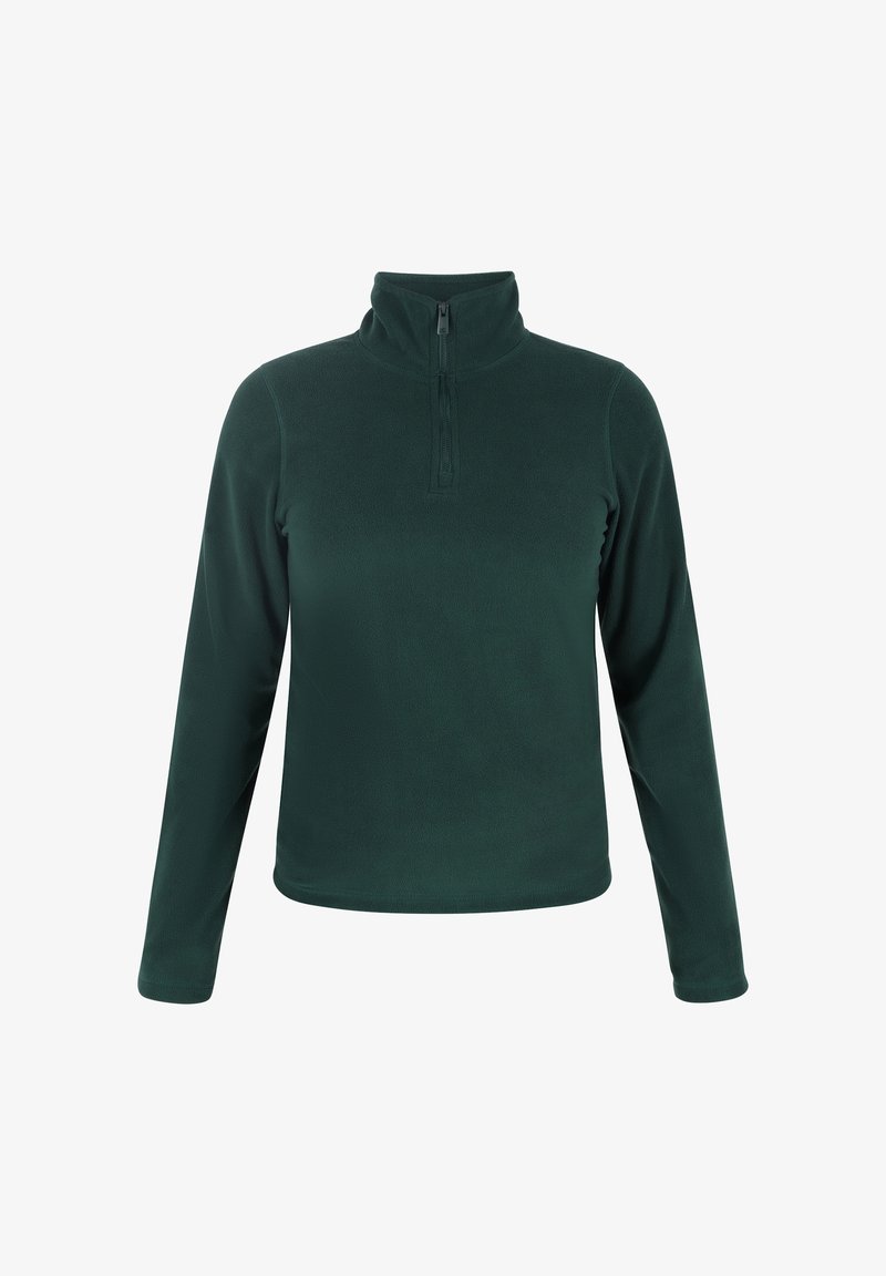 Dunkelgrüner Fleecepullover mit hohem Kragen, Viertelreißverschluss, langen Ärmeln und glatter Textur. Keine Muster oder Akzente vorhanden.