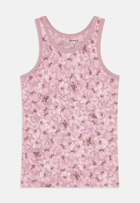 Pink floral tank top featuring a pattern of light and dark pink flowers on a soft pink background, with a round neckline and sleeveless design.