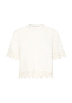 Blouse blanche à manches courtes avec ourlet festonné et manches ornées de broderie anglaise, petit col montant fermé par des boutons à l'avant.